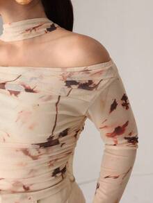 Modelyn Autumn Knitted Sexy Sheer Mesh Ribbon Print T-Shirt - Multicolor - View 5