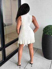 Alexandranx Minimalist Stand Collar Sleeveless A-Line Mini Ribbed Knit Dress For Women,Fall - White - View 3