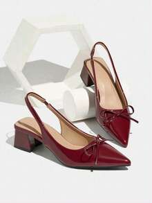 ISPORTE Sandalias elegantes de mujer con tacón grueso y punta fina. Sandalias de tacón alto sin cierre con lazo, estilo versátil; bailarinas color nude con tacón abierto. - Rojo - Ver 3