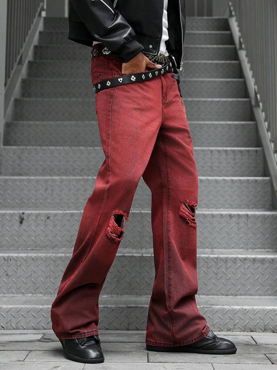 Manfinity EMRG 男士做旧直筒喇叭牛仔裤 做旧红色牛仔裤 男士喇叭牛仔裤 酒红色牛仔裤 男士 男士喇叭牛仔裤 - 酒紅色 - 查看 1