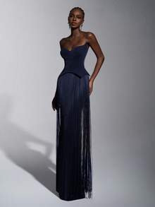 Elitara Elegant Luxury Sexy Knit Glitter Off-Shoulder Cat Collar Waist Tassel Decor Bodycon Dress, Suitable For Formal Occasions Like Galas, Exhibitions, Business Events, And Evening Parties - Navy Blue - View 5