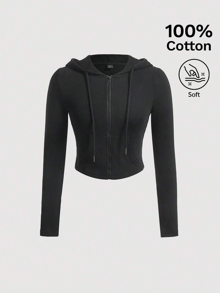 SHEIN MOD Solid Zip Up Center Front Decorative Pocket Drawstring Hooded Crop Slim Fit Black Sweatshirt,Long Sleeve Tops In Fall/Winter - Black - View 1