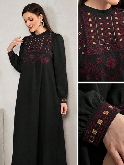Al Najma 1pc Embroidered Arabic Style Casual Dress, Minimalist And Fashionable For Daily Wear, Boho Maxi Jalabiya Arabian Dresses, For Casual Daily