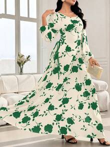 Seusyu 圆领灯笼袖侧抽绳双色印花连衣裙 - 綠色 - 查看 4