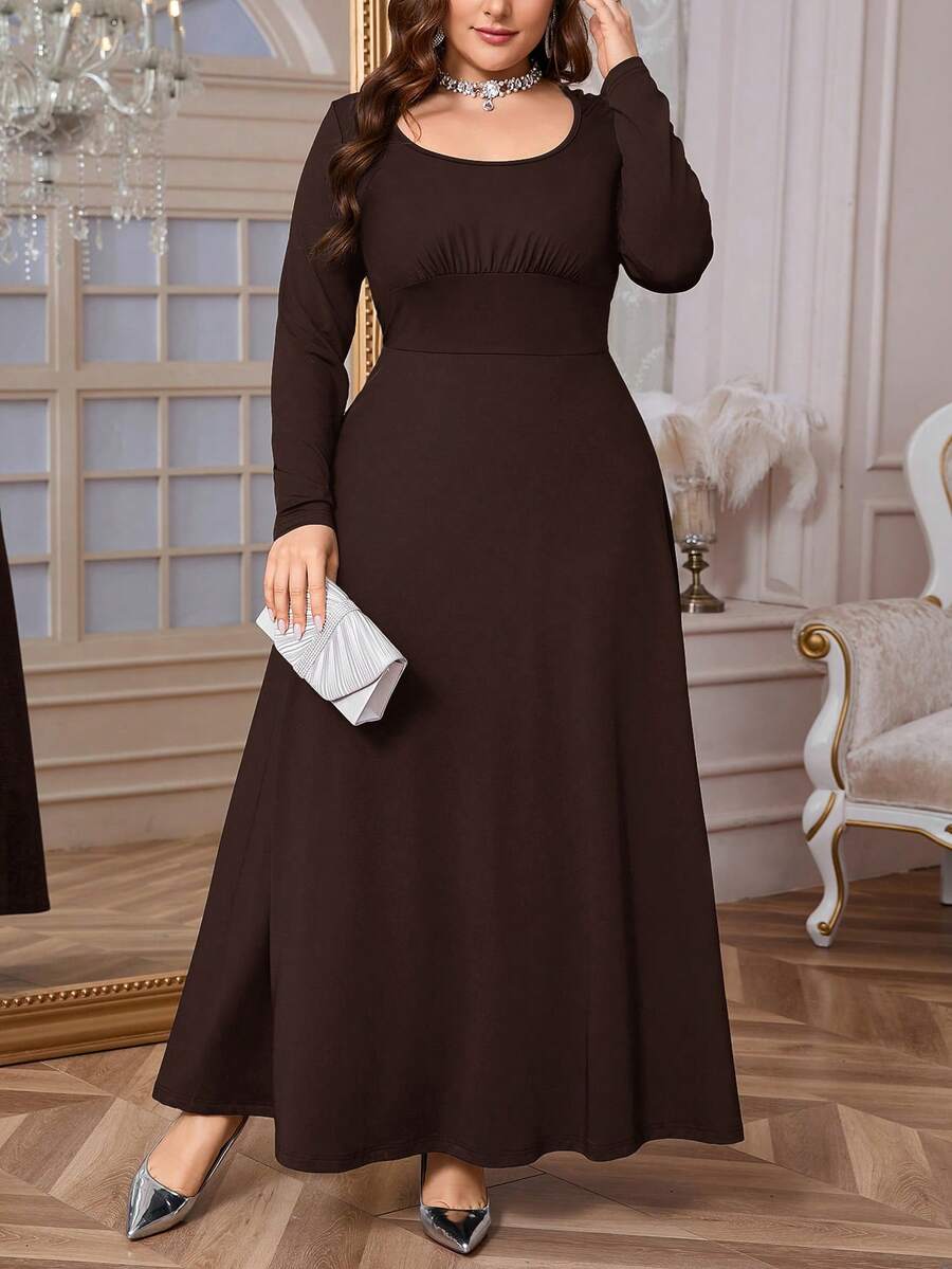 Firerie Damen Große Größen Lässig Elegant Minimalistisch Pendler Alltags Kleid mit quadratischem Kragen, Raffung, Schleife, Langarm, elastisch, A-Linie, Frühling/Herbst, Abendkleider für Damen - Kaffeebraun - Übersicht 1