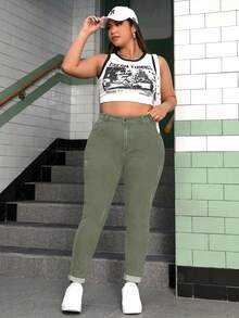 SHEIN CURVE+ Plus Size Stretchy Skinny Jeans - Army Green - View 6