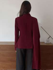 Elyressa Blazer de mujer estilo francés para ir al trabajo, con cuello de solapa asimétrico, manga larga y cintura ceñida, con decoración de hebilla de metal - Rojo violeta - Ver 2