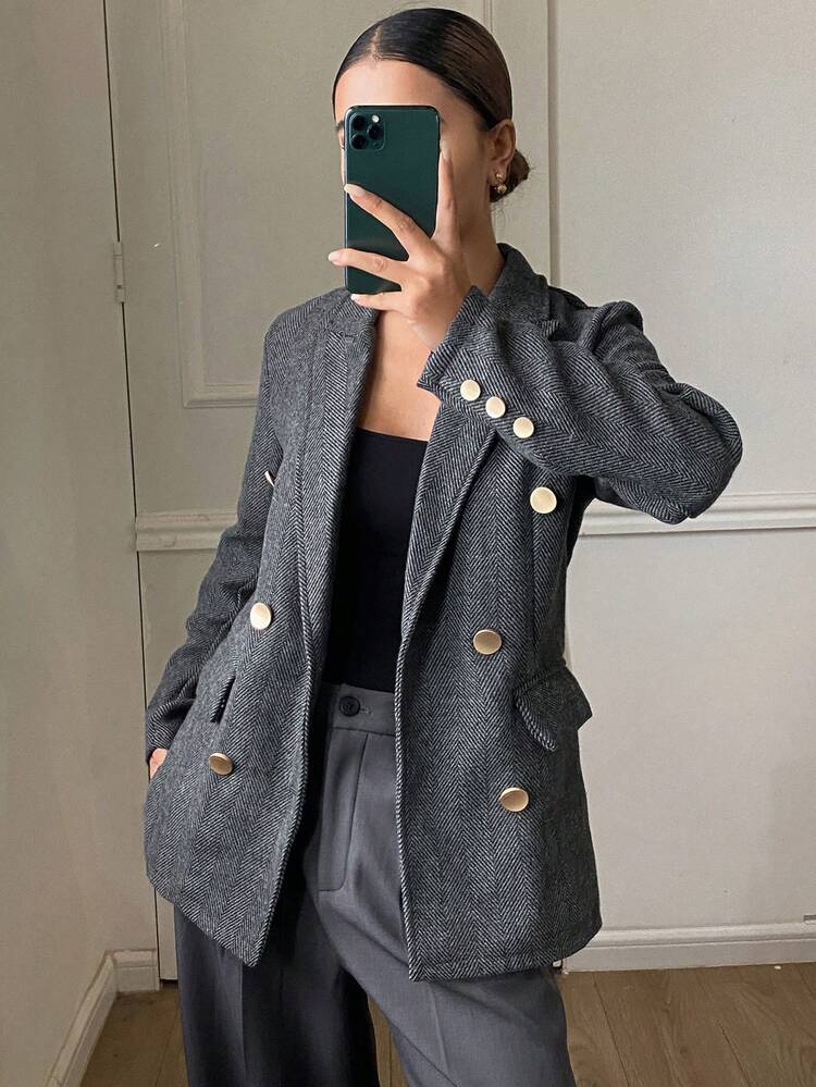 Herringbone Wool Blend Blazer Jacket For Women, New Autumn/Winter Vintage Design Mid-Length Woolen Suit Coat