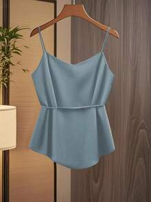 Qadelle Women's Fashion Casual V-Neck Pleated Wrap-Around Bowknot Tie Waist A-Line Camisole - Blue - View 2
