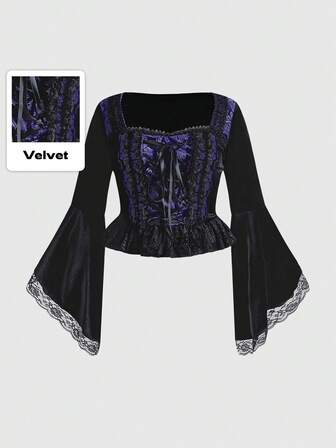 Gothic Romantic Vintage Luxurious Dark Purple & Black Velvet Patchwork Blouse, Elegant Gothic Plus Size Women Top, Autumn/Winter Women Christmas Party Formal Wear