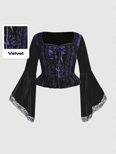 Goth Blusa de terciopelo negro y púrpura oscuro con patchwork de estilo gótico romántico vintage y lujoso, elegante blusa gótica de talla grande para mujer, ropa formal para fiestas navideñas de otoño/invierno