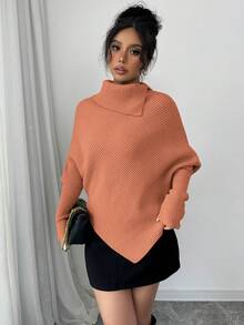 Elenzga Suéter de punto clásico de cuello alto de unicolor con mangas de murciélago asimétricas para mujer, de moda y versátil para vacaciones y días festivos - Naranja - Ver 3