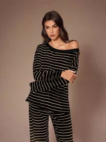 Lazeform 大码女式条纹印花休闲斜肩家居服套装，冬季服装 - 黑色 - 查看 2