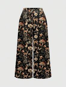 ROMWE Fairycore Hippie Boho Vintage Mushroom Forest Print Loose Gothic Style Women Pants - Black - View 1