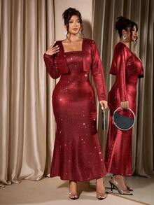 Cravure Plus Size Women Silver Foil Sexy Bandeau Cinched Waist Mermaid Hem Bodycon Dress With Small Cardigan Outerwear 2 Piece Set