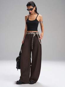 SHEIN EZwear Pantaloni marroni tinta unita alla moda, taglio morbido, pantaloni da tailleur per donna in autunno/inverno, taglie comode - Castano - Visualizzare 7