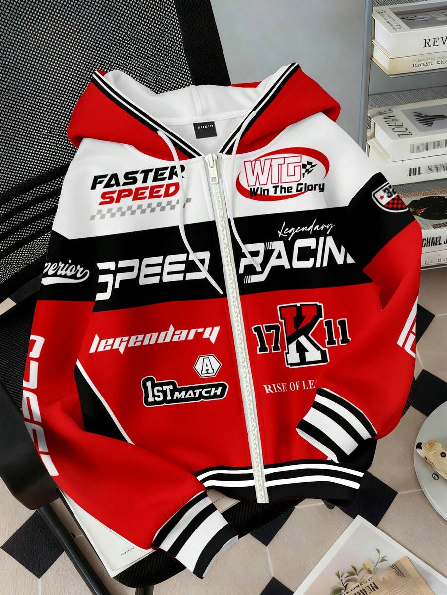 Attitoon Chaqueta con capucha suelta y casual, con estampado de letras y números en contraste de color negro y rojo, sudadera abierta, adecuada para salidas, estilo callejero, elegante, otoño/invierno - Multicolor - Ver 1