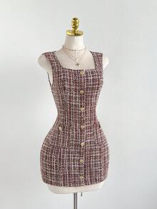 Elamini 女士优雅派对连衣裙，无袖收腰设计，斜纹软呢面料，饰有金属3D花朵，适合秋冬季日常穿着、派对、约会、通勤，百搭时尚。 - 彩色 - 查看 1