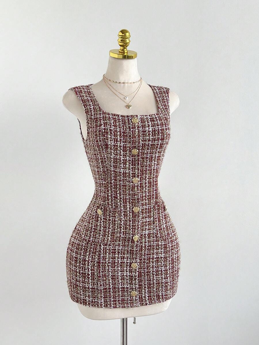 Elamini 女士优雅派对连衣裙，无袖收腰设计，斜纹软呢面料，饰有金属3D花朵，适合秋冬季日常穿着、派对、约会、通勤，百搭时尚。 - 彩色 - 查看 1