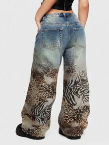 ROMWE Grunge Punk 大码女式Grunge朋克Y2K亚文化豹纹虎纹印花牛仔裤，创意秋冬牛仔裤 - 彩色 - 查看 1