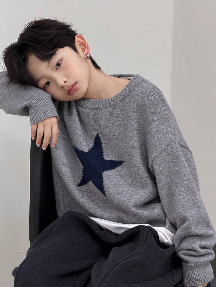 Oversized Boys Casual Patterned Knit Sweater, Autumn