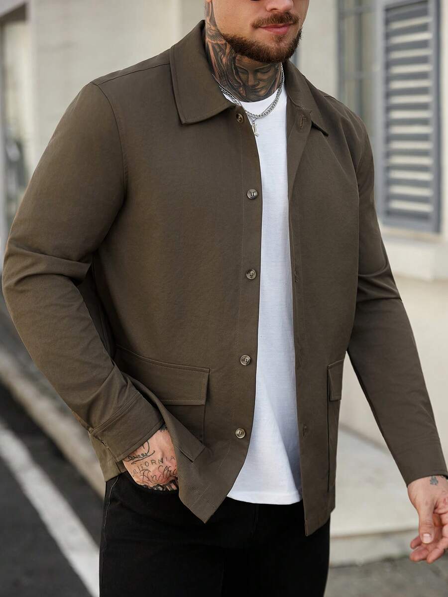 Manfinity Homme Herr enfärgad långärmad sjal med knappar framtill, vintagestil - Kaffebrun - Visa 1