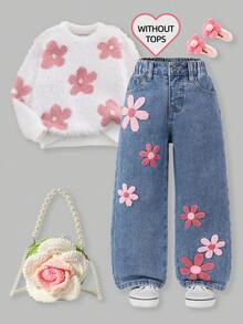 SHEIN ChillGRL Pantalones acampanados de niñas jóvenes con lavado desgastado, bordado de copos de nieve y estilo de moda - Azul - Ver 3