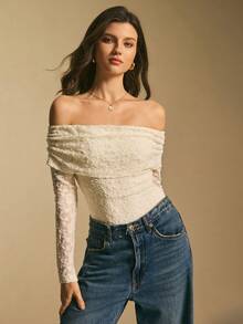 Poéselle Women's Floral Flocked Mesh Ruffle Off Shoulder Long Sleeve Bodysuit - White - View 5