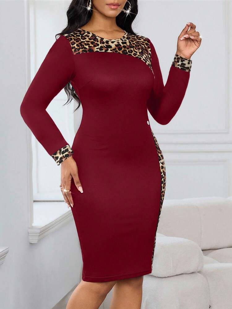 SHEIN Lady Plus Size Leopard Print Round Neck Fitted Elegant Long Sleeve Dark Red Dress  Valentine's Day Elegant Dresses For Women - Burgundy - View 3