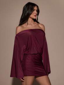 SHEIN BAE Abito lungo a maniche lunghe con spalle scoperte, vita stretta e vestibilità ampia, di colore unito - Bordò - Visualizzare 7