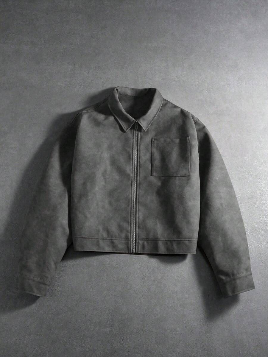 PAVTROS Manfinity Streetrush Men's Street-Style Popular INS Matching Men Jackets And Coats,Men's Casual Short Brown PU Leather Zip-Up Jacket, Autumn,Leather Jacket,Streetwear,Winter Jacket,Warm Winter Outfits, Christmas Outfits,Boy Friend Gifts Mens Cropped Jacket Work Jacket Cropped Men Jacket Cropped Zip Up Men Jacket Grey Jacket - Grey - View 1