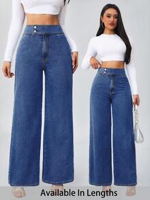 SHEIN PETITE CURVE 大码秋季秋冬装返校节万圣节圣诞节可爱街头装商务休闲女装乡村复古朴素老派商务休闲女装工作服女士教师服装教堂服装女士纯色纽扣门襟休闲百搭阔腿蓝色牛仔裤 - 中等水洗藍 - 查看 8