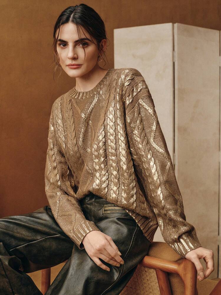 Maglione vintage elegante da donna, maglia larga a collo tondo con design in lamina adatto per feste, club, autunno, inverno, primavera, Capodanno, Ringraziamento, lavoro