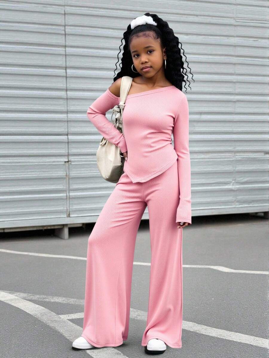 SHEIN Explorewe 2pcs/Set Tween GirlsOblique Shoulder Ribbed Fitted Long Sleeve Top + Straight Leg Pants Outfit - Dusty Pink - View 1