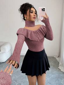 Elenzga Pull femme à encolure ras-du-cou, épaules dénudées avec volants