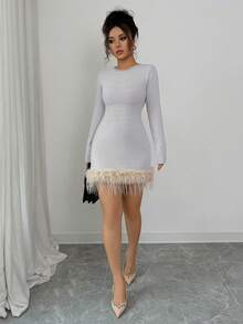 Elenzga Women's Fashion Casual Fringe Trim Sweater Dress - Light Grey - View 3