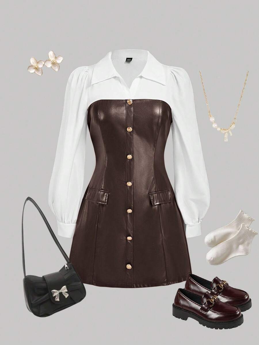 SHEIN MOD 大码女式棕色PU衬衫裙，二合一衬衫裙 - 棕色 - 查看 1