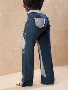 Slaydiva Blugi casual pentru femei de mărime mare, cu talie înaltă, buzunare, cu cinci colțuri, stea, tiv zdrențuit, picior larg - Albastru - Vizualizare 2