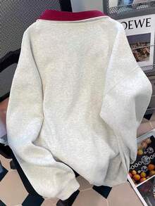 Franclia 女士撞色套头卫衣，印花图案，适合休闲穿着和户外活动，长袖，翻领 - 灰色 - 查看 2