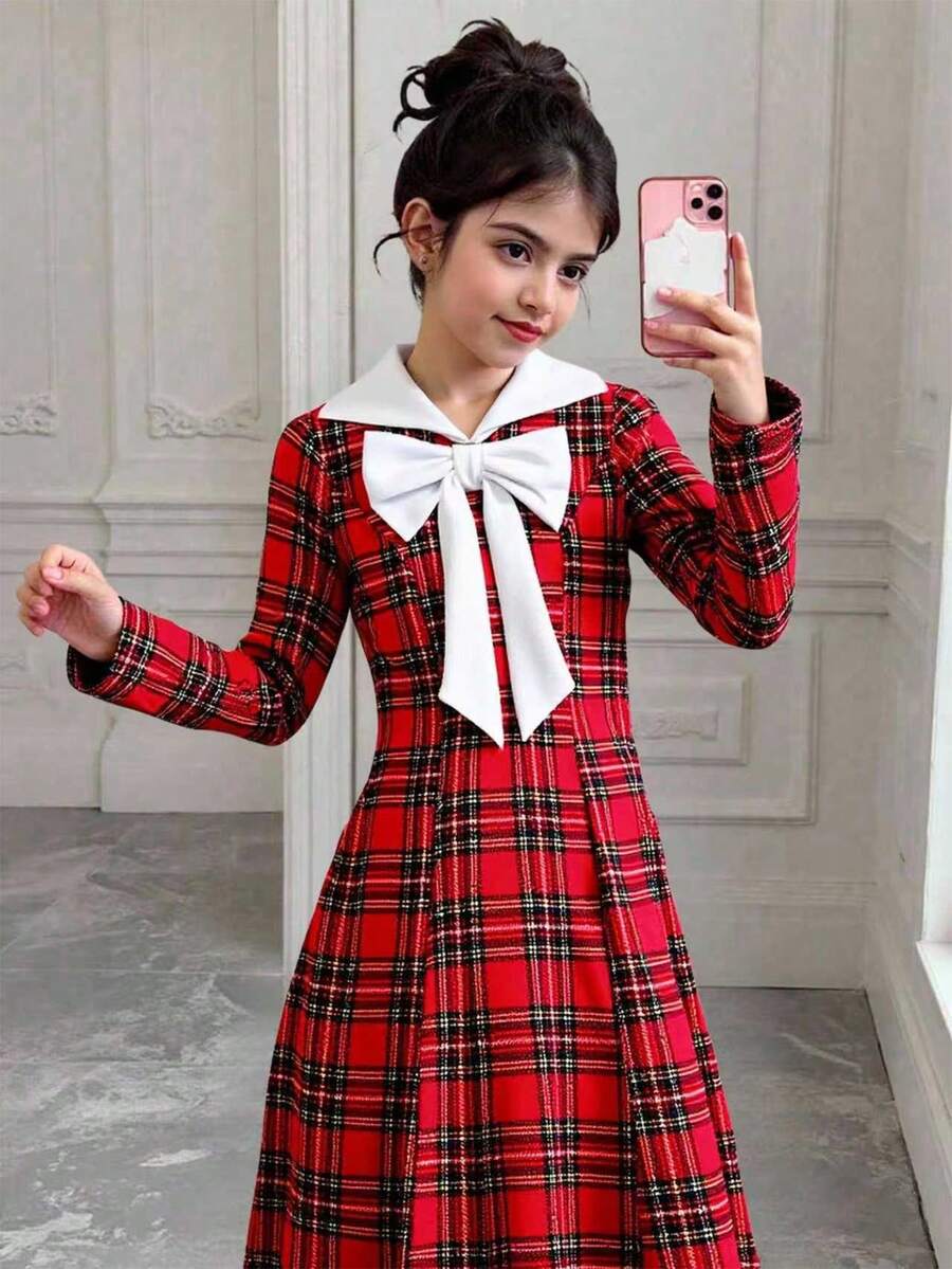 少女格子连衣裙，蝴蝶结装饰，长袖，收腰，时尚拼接领 - 彩色 - 查看 1