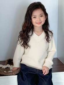 DAZY Girls V-Neck Loose Casual Sweater, Young Girl Fall Clothes - Beige - View 7