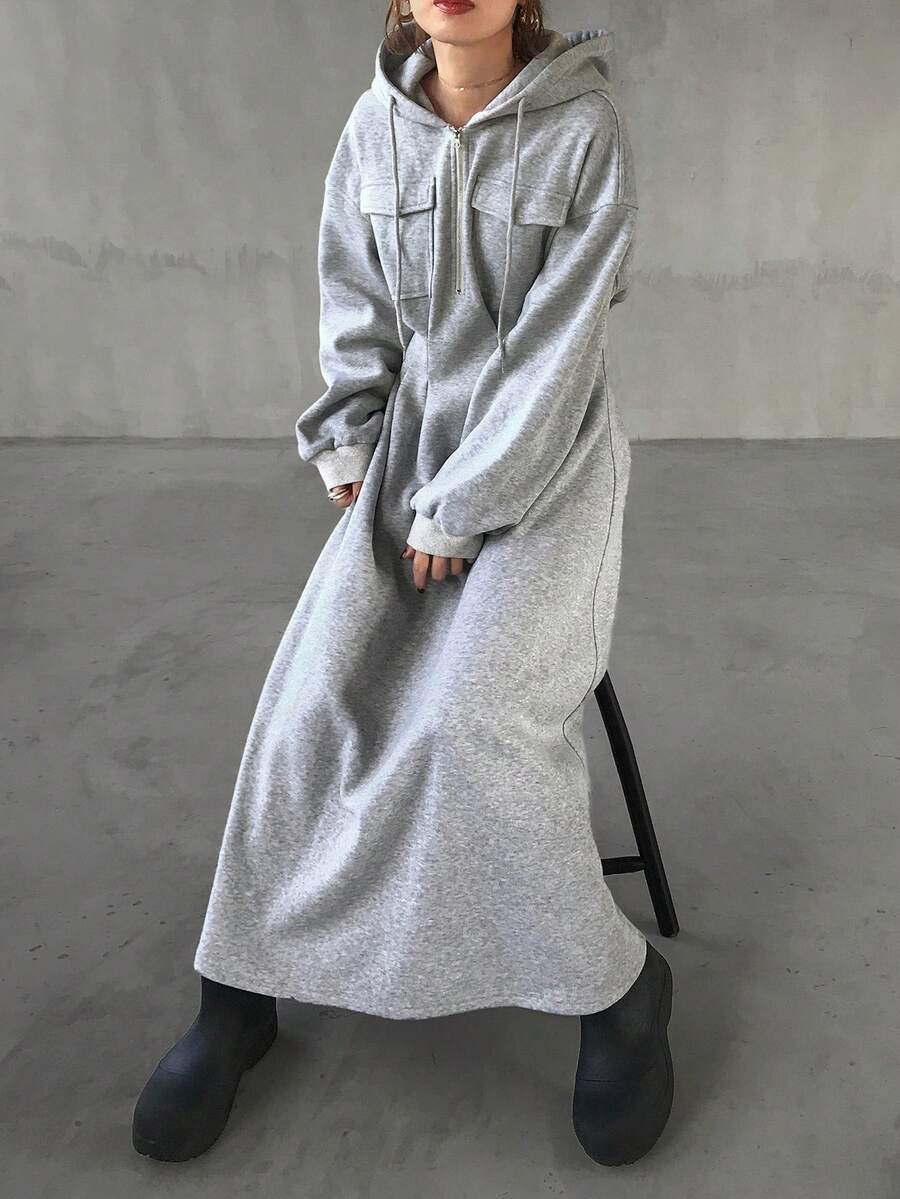FRIFUL Women's Hooded Sweatshirt Dress, Straight Cut, Thermal Lined, Thick, Long Length - Light Grey - View 1