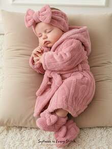 Cozy Pixies 新生儿男女宝宝连帽长袖抓绒睡袍，带系带