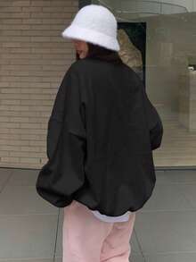 DAZY 秋冬女士宽松圆领纯色保暖内衬运动衫 - 黑色 - 查看 2