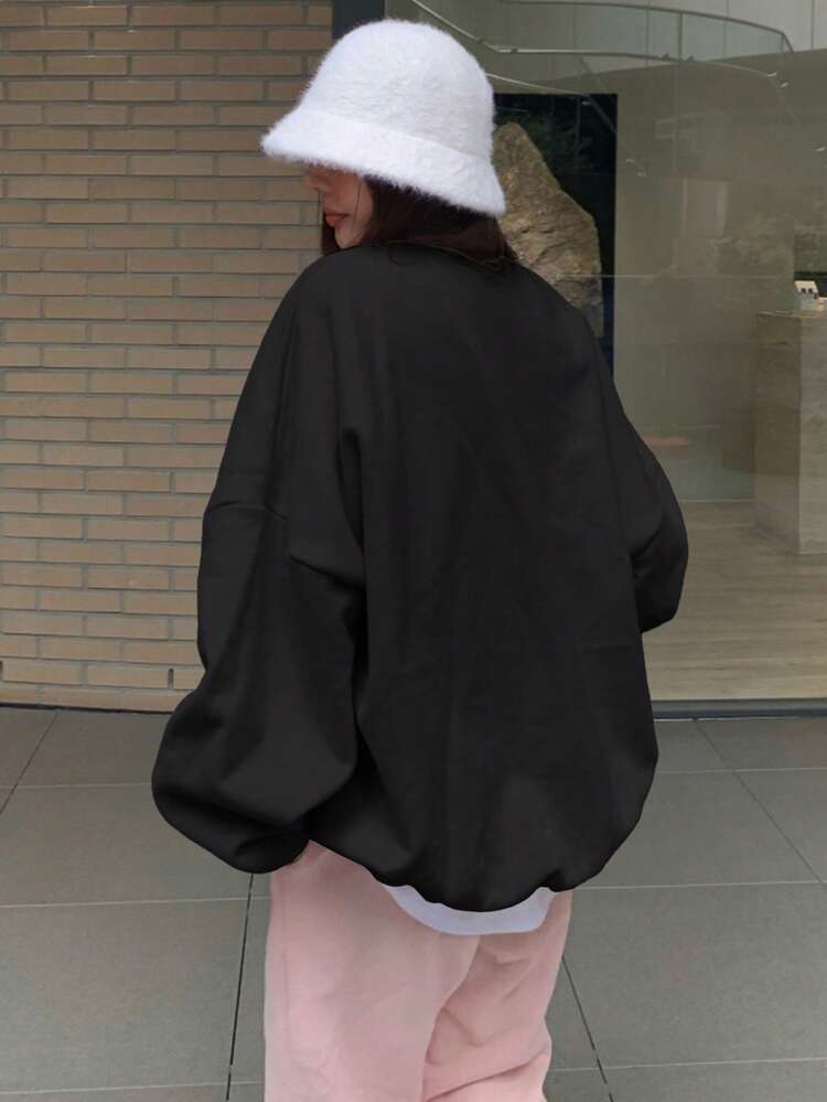 Loose Fit Crew Neck Solid Color Thermal Lined Sweatshirt For Women Fall,Winter