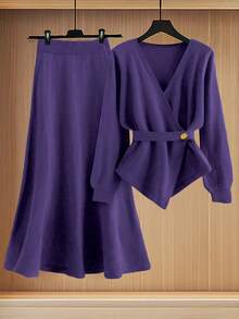 GlowEve New Elegant Button Decor Pullover Sweater, Minimalist European & American Style Fashion Knit Top - Purple - View 5