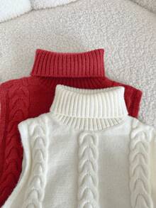 SHEIN Serisse Kids 少女两件套针织无袖羊毛扭结高领上衣 - 紅白色 - 查看 7