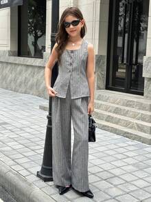 SHEIN 2pcs Tween Girls Grey Ribbed Waist Cinched Top + Long Casual Outfit Set, Fashionable For Commuting And Everyday Wear - Grey - View 1