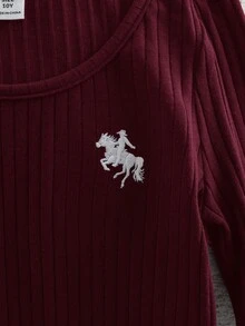 Tween Girls' Ribbed Crew Neck Elastic Fitted All-Match Versatile Long Sleeve T-Shirt, Comfortable - Burgundy - View 5