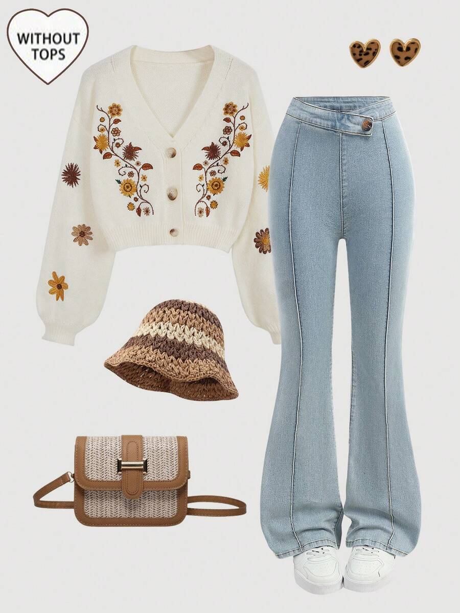 Girlism Teen GirlRetro Blue Denim Asymmetrical Waist Elastic Skinny Flare Jeans - Light Wash - View 1